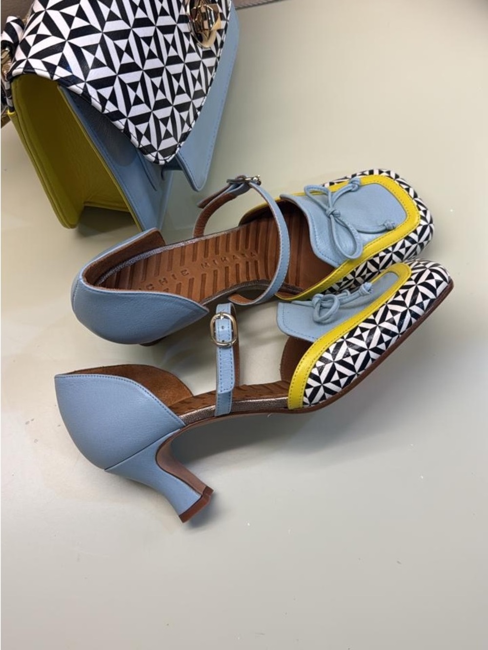 Chie Mihara Blue & Yellow Geometric Mary Jane heeled mules - Picture 3 of 5